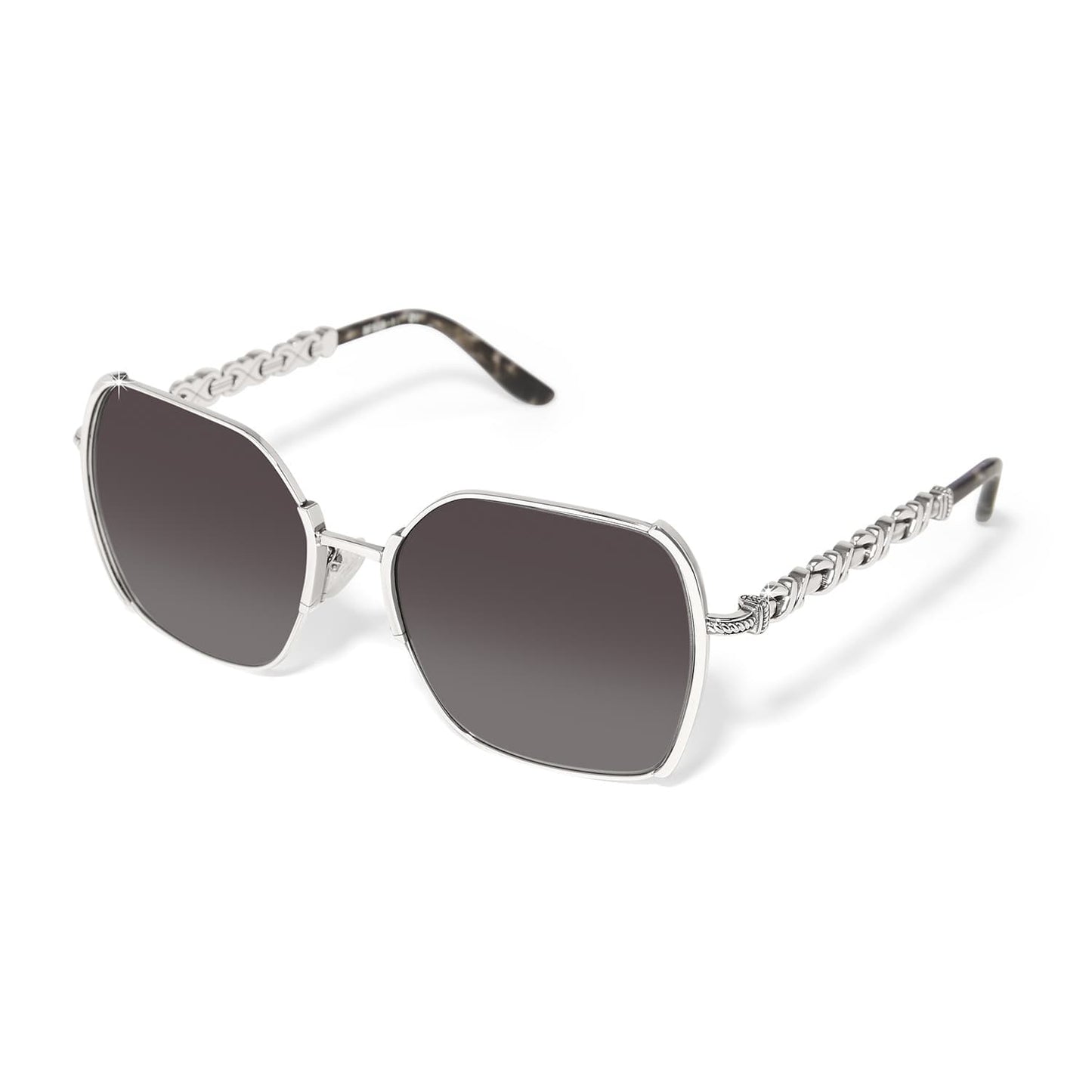 Brighton square sunglasses with gradient gray lenses, silver-tone frames, and braided temples with tortoise tips on a white background