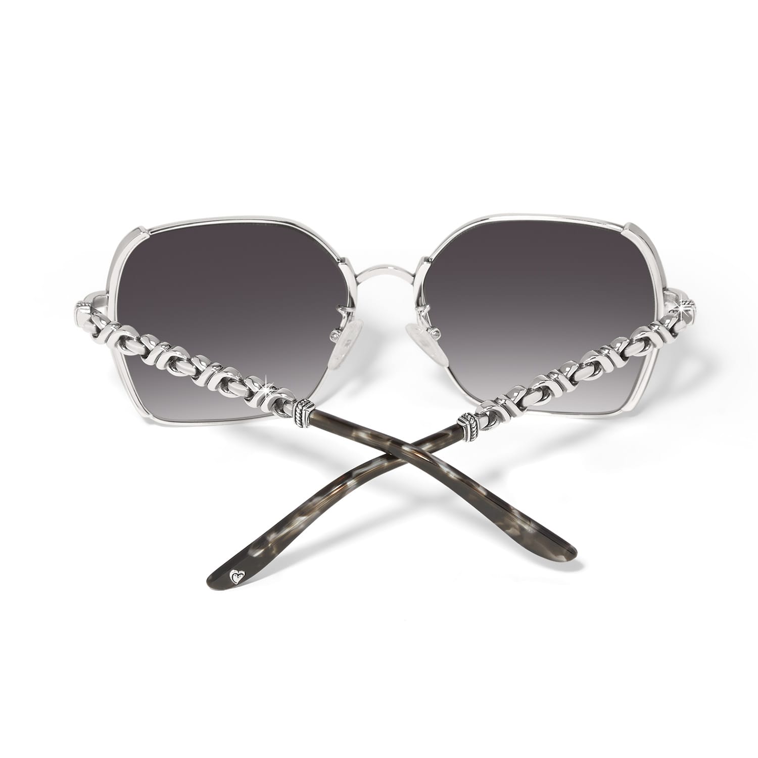 Brighton square sunglasses shown from the back with silver-tone twisted detailing and tortoise temple tips on a white background