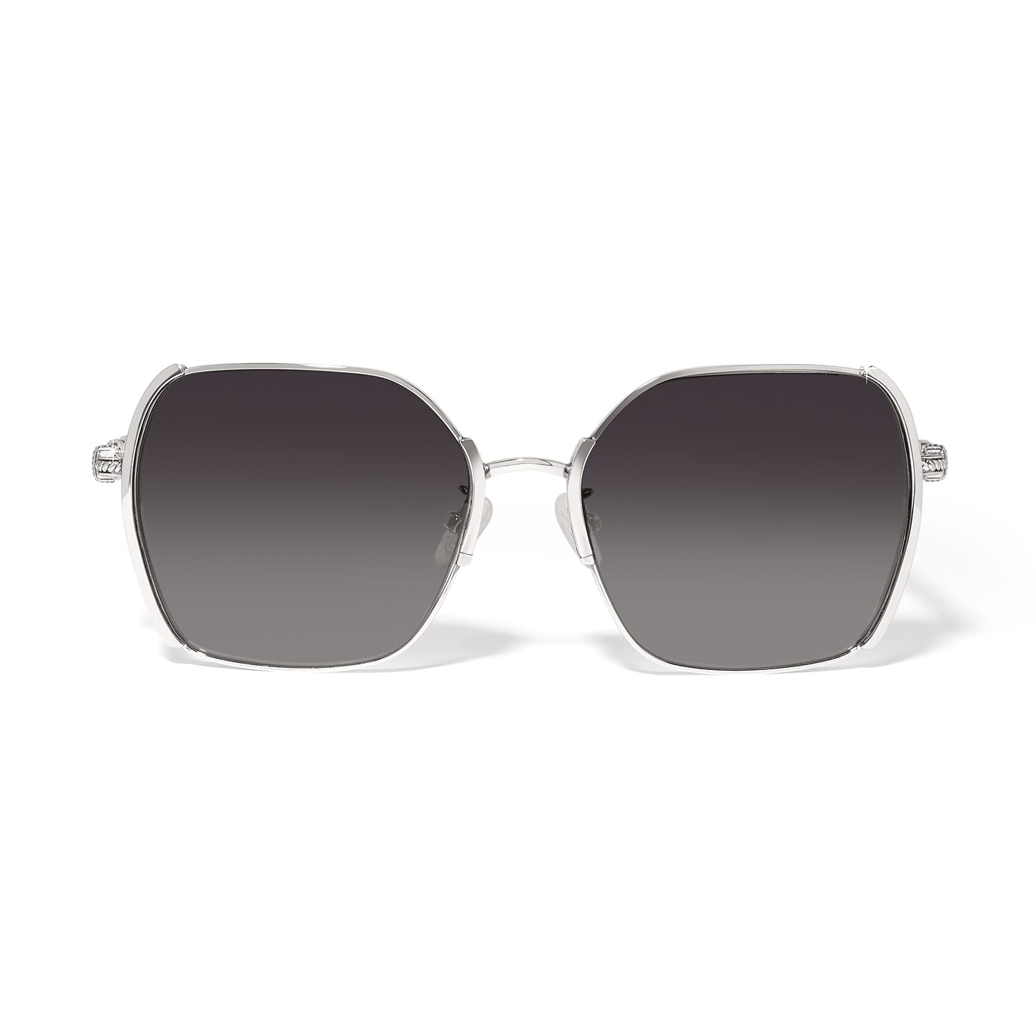 Brighton square sunglasses with gradient gray lenses and silver-tone metal frames with textured temple accents on a white background