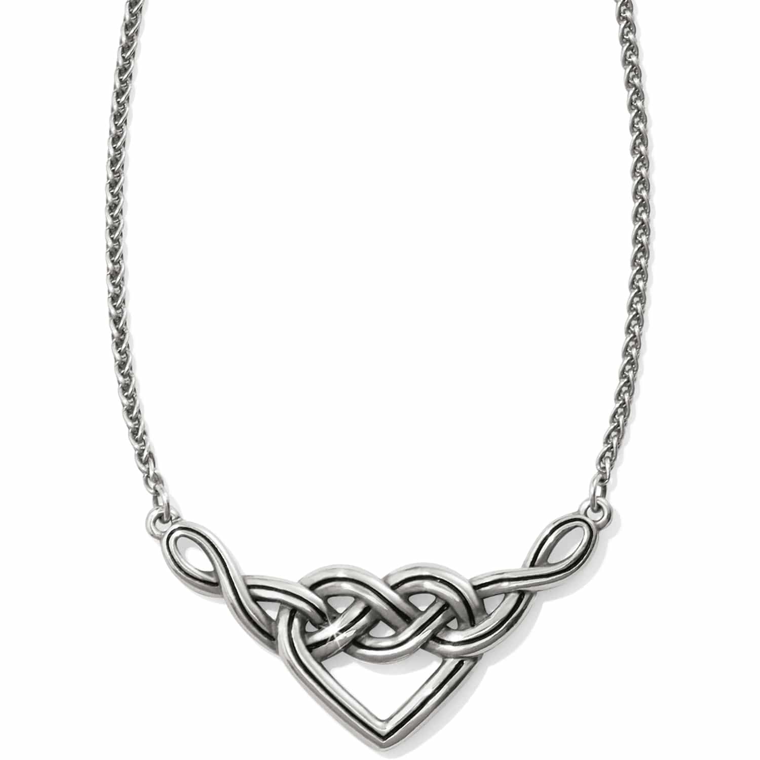 Brighton necklace with silver-plated interwoven Celtic knot heart pendant and rope chain on a white background