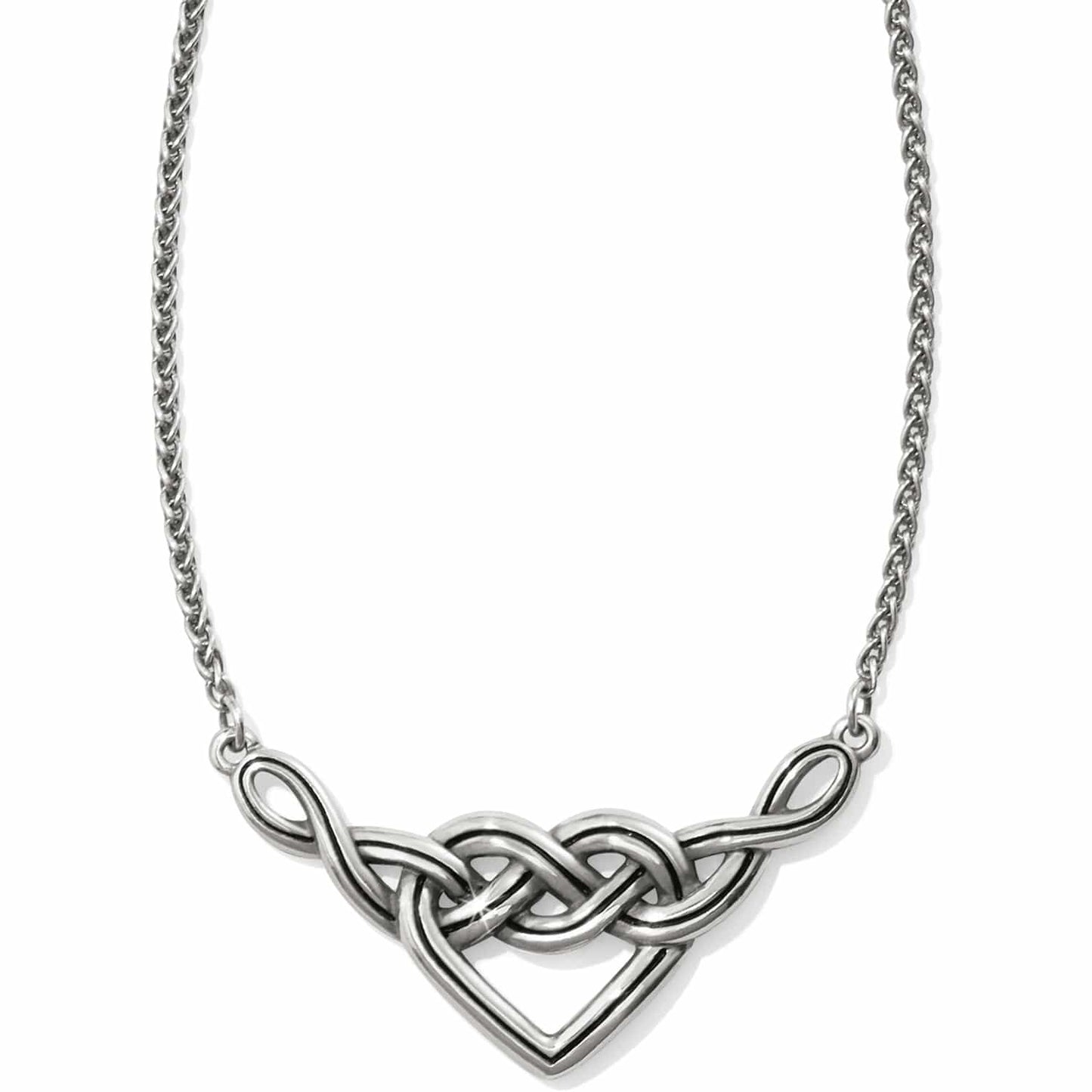 Brighton necklace with silver-plated interwoven Celtic knot heart pendant and rope chain on a white background