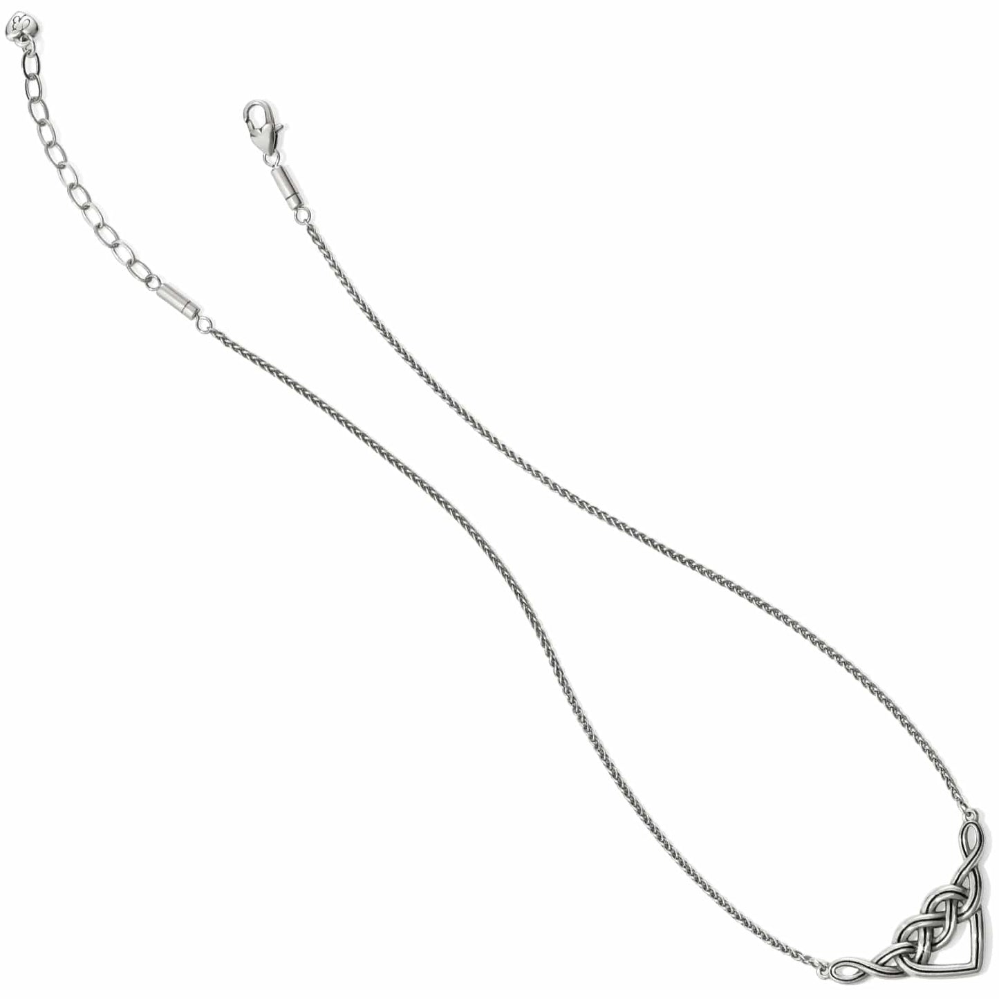 Brighton necklace with silver-plated wheat chain, Celtic knot heart pendant, and adjustable lobster clasp on a white background