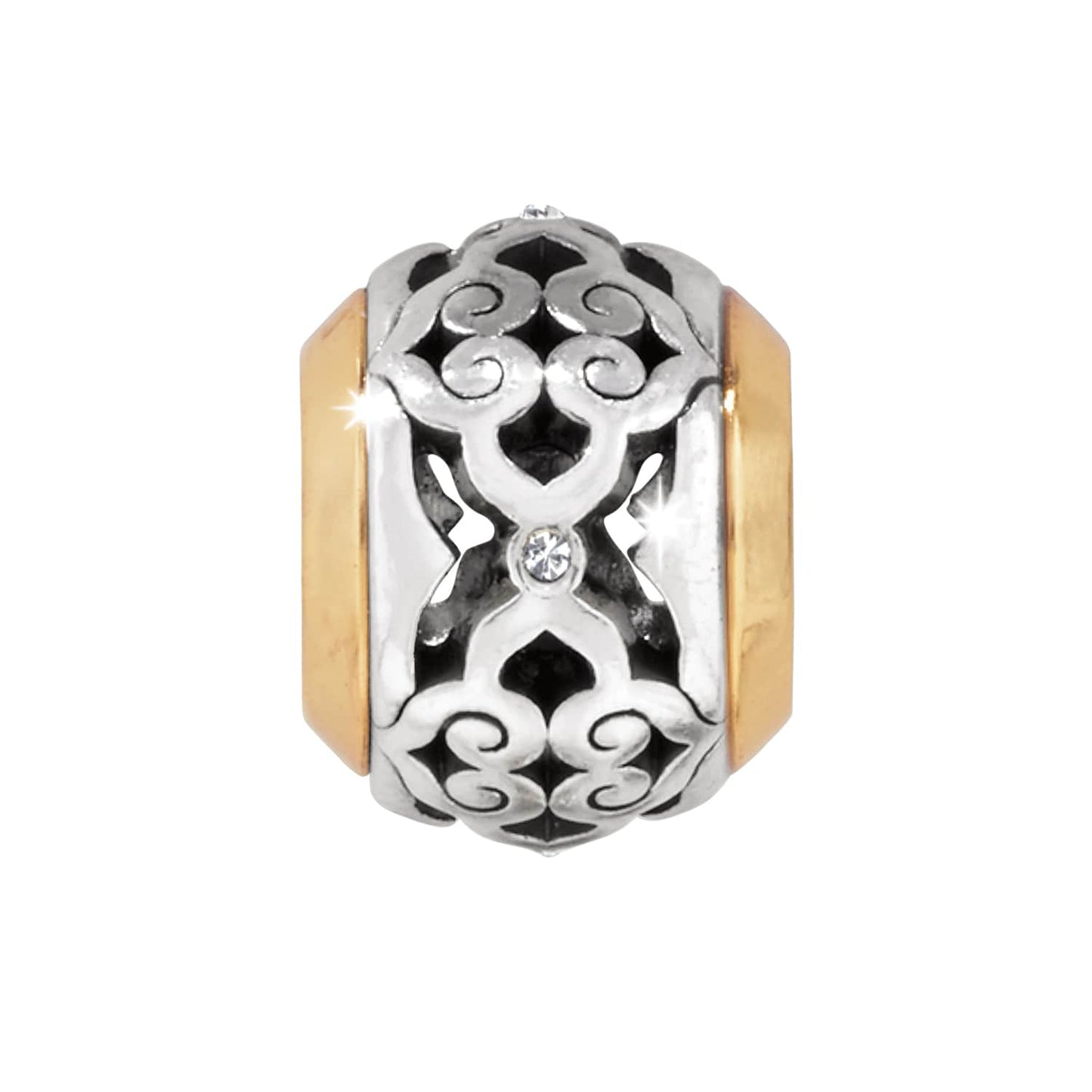 Brighton charm bead with silver-tone scroll filigree, gold-tone side bands, and crystal accents on a white background