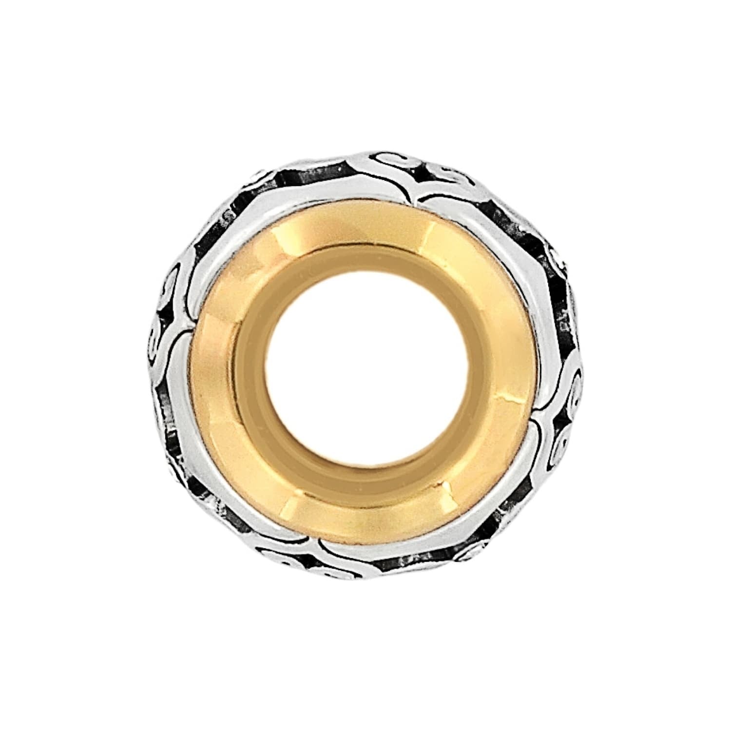 Brighton spacer charm with silver-tone scrollwork exterior and gold-tone interior threading on a white background