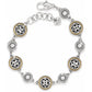 Brighton bracelet with silver-plated and gold-plated medallions featuring scrollwork and pearl-like cabochon accents on a white background