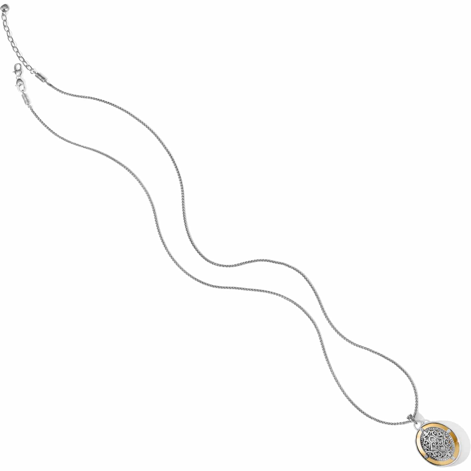 Brighton pendant necklace with two-tone medallion featuring silver scrollwork, gold border, and crystal accents on white background