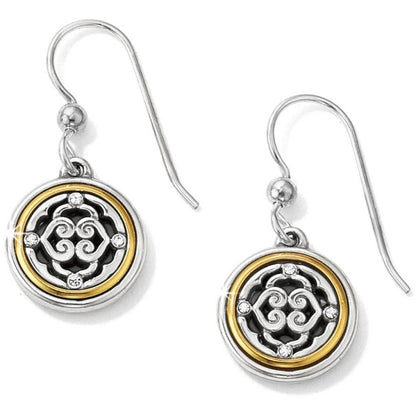 Brighton drop earrings with silver-plated and gold-plated round medallions featuring scrollwork and crystal accents on a white background