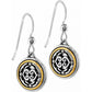 Brighton drop earrings with silver-plated scroll medallions framed in gold-plated rings on French hooks on a white background