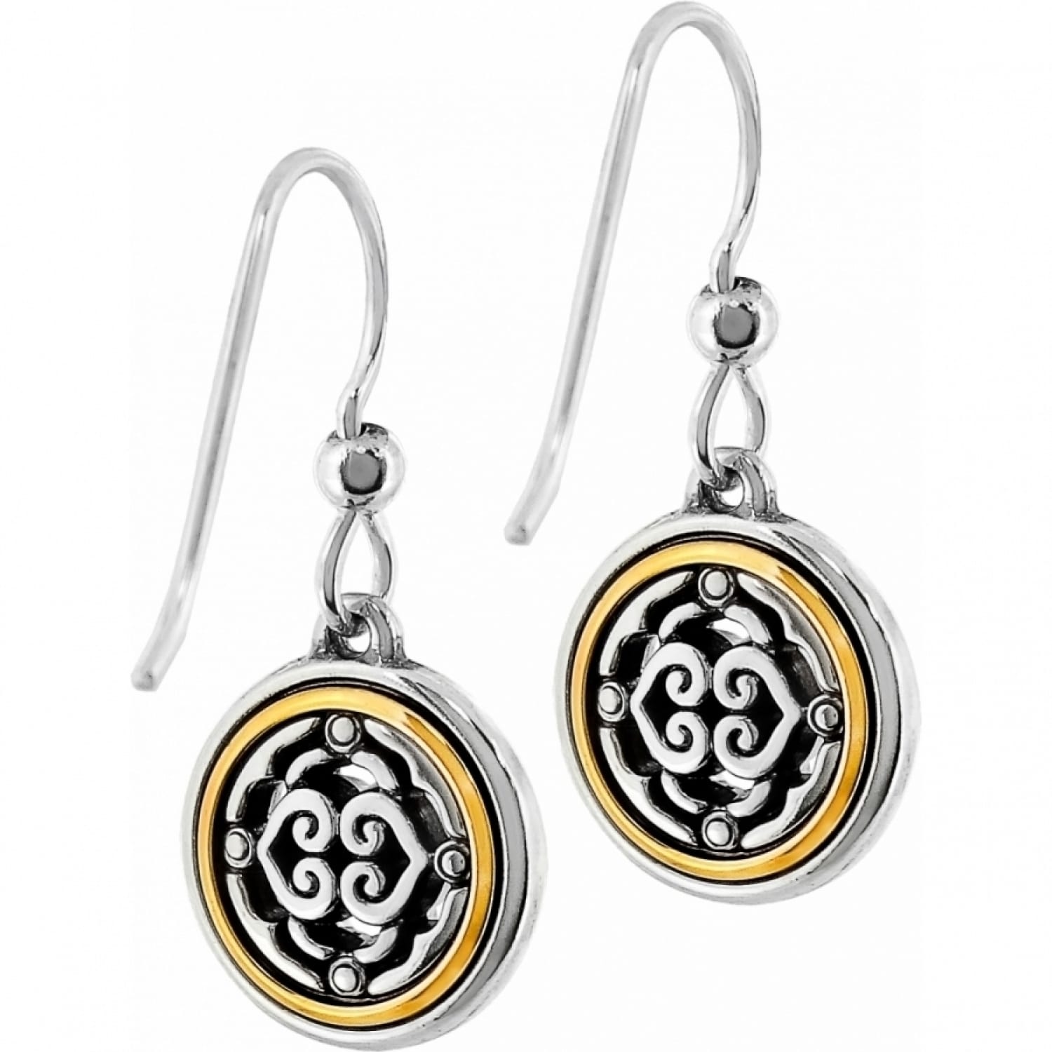 Brighton drop earrings with silver-plated scroll medallions framed in gold-plated rings on French hooks on a white background