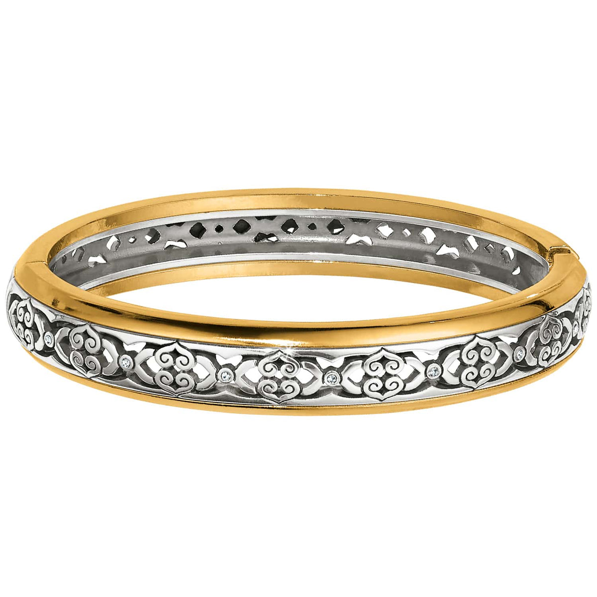 Brighton bangle bracelet with two-tone finish, silver scrollwork center, gold-tone edges, and crystal accents on a white background