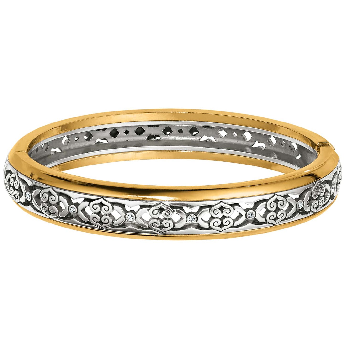 Brighton bangle bracelet with two-tone finish, silver scrollwork center, gold-tone edges, and crystal accents on a white background
