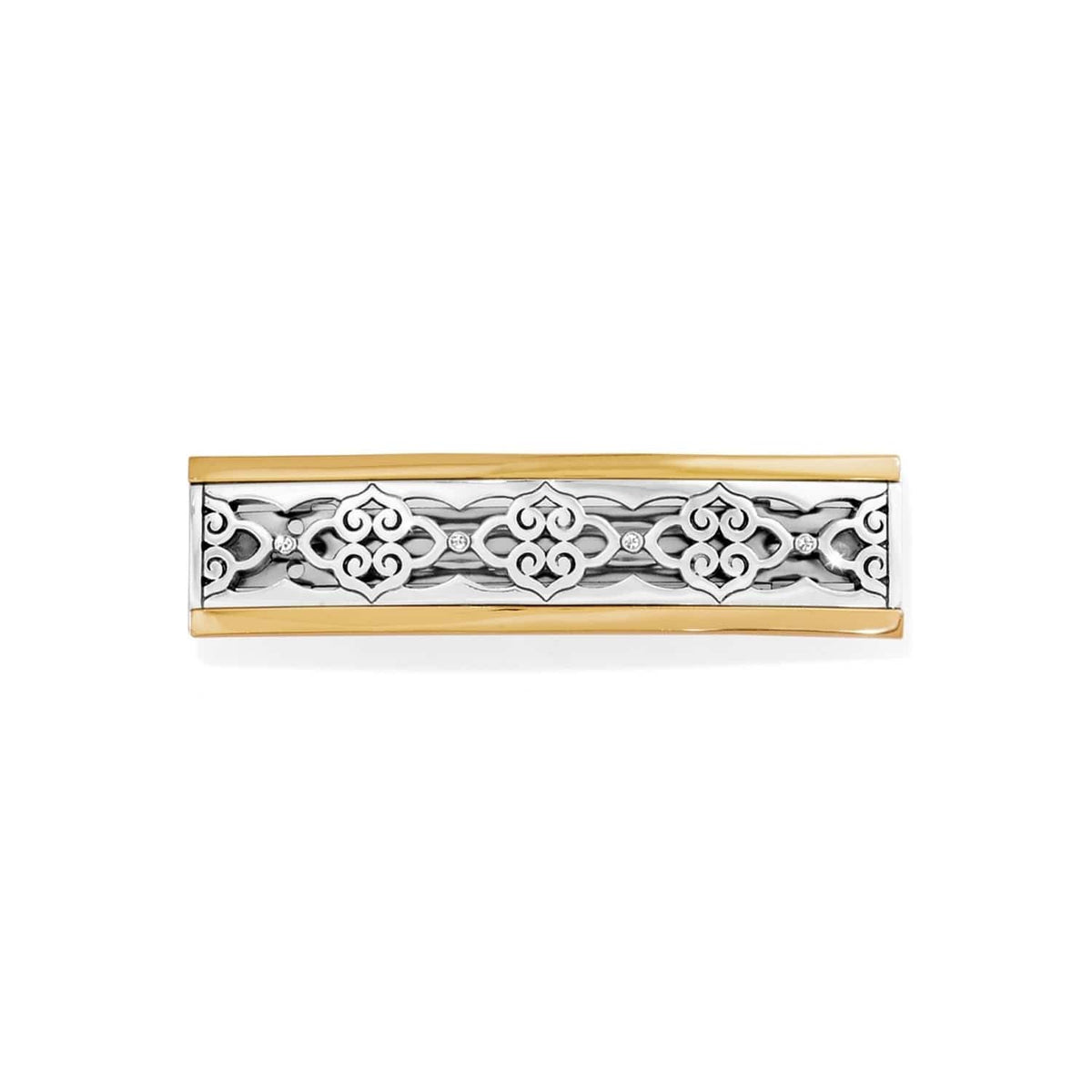 Brighton hinged bangle bracelet with two-tone finish, silver scrollwork filigree, and crystal accents on a white background