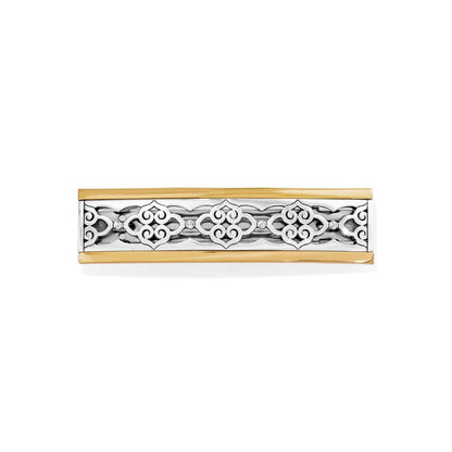 Brighton hinged bangle bracelet with two-tone finish, silver scrollwork filigree, and crystal accents on a white background