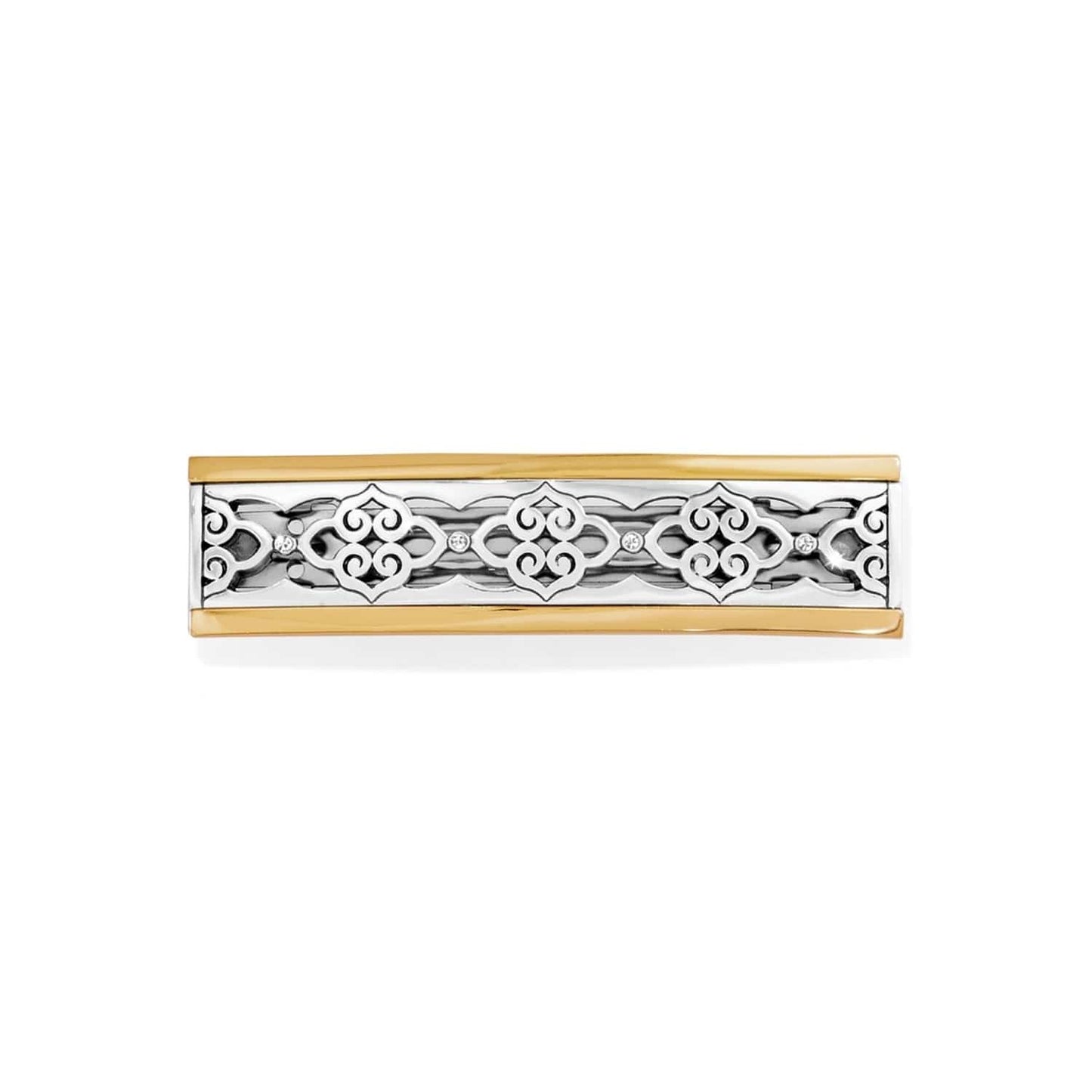 Brighton hinged bangle bracelet with two-tone finish, silver scrollwork filigree, and crystal accents on a white background