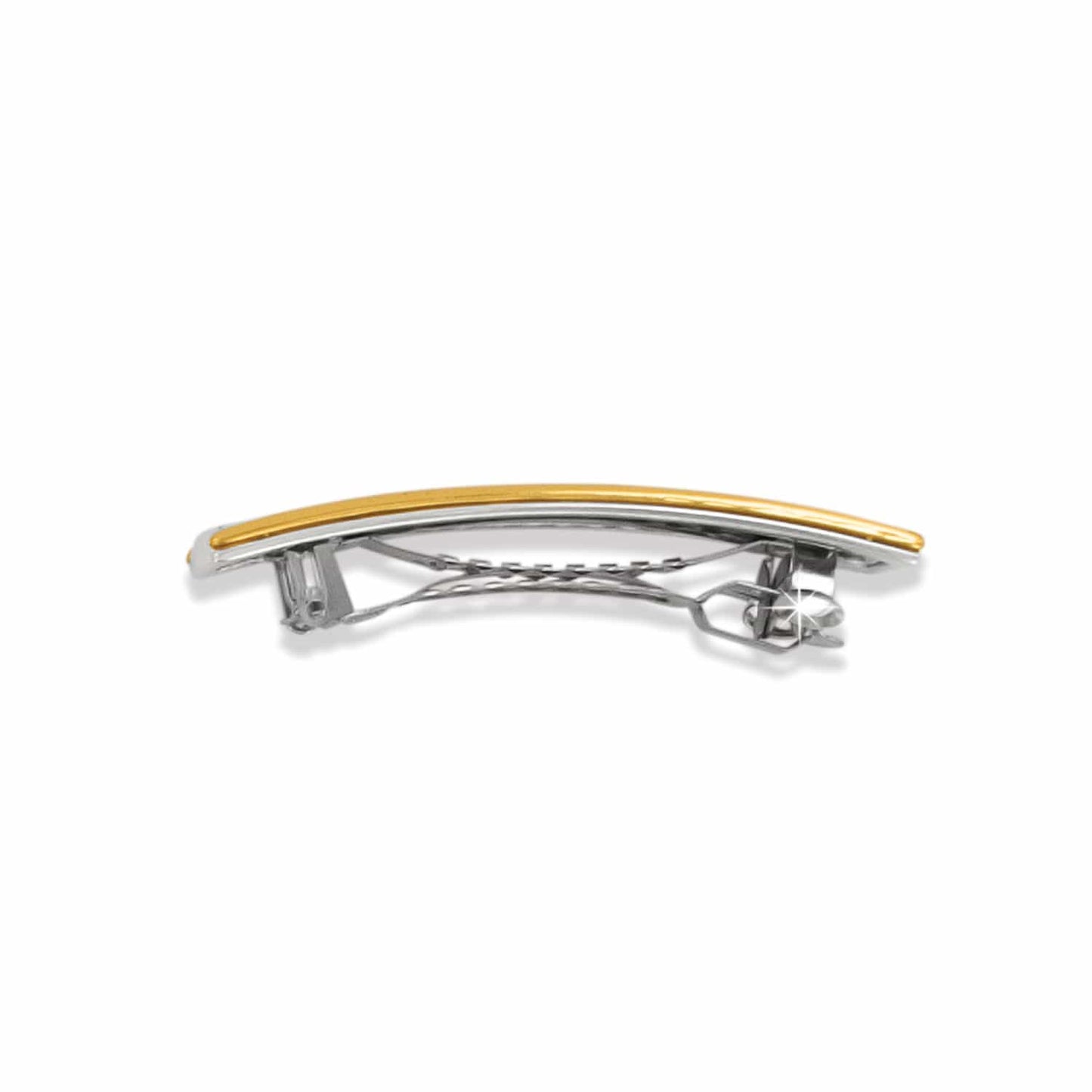 Brighton hair barrette shown from the back with two-tone silver and gold finish and clasp mechanism on a white background