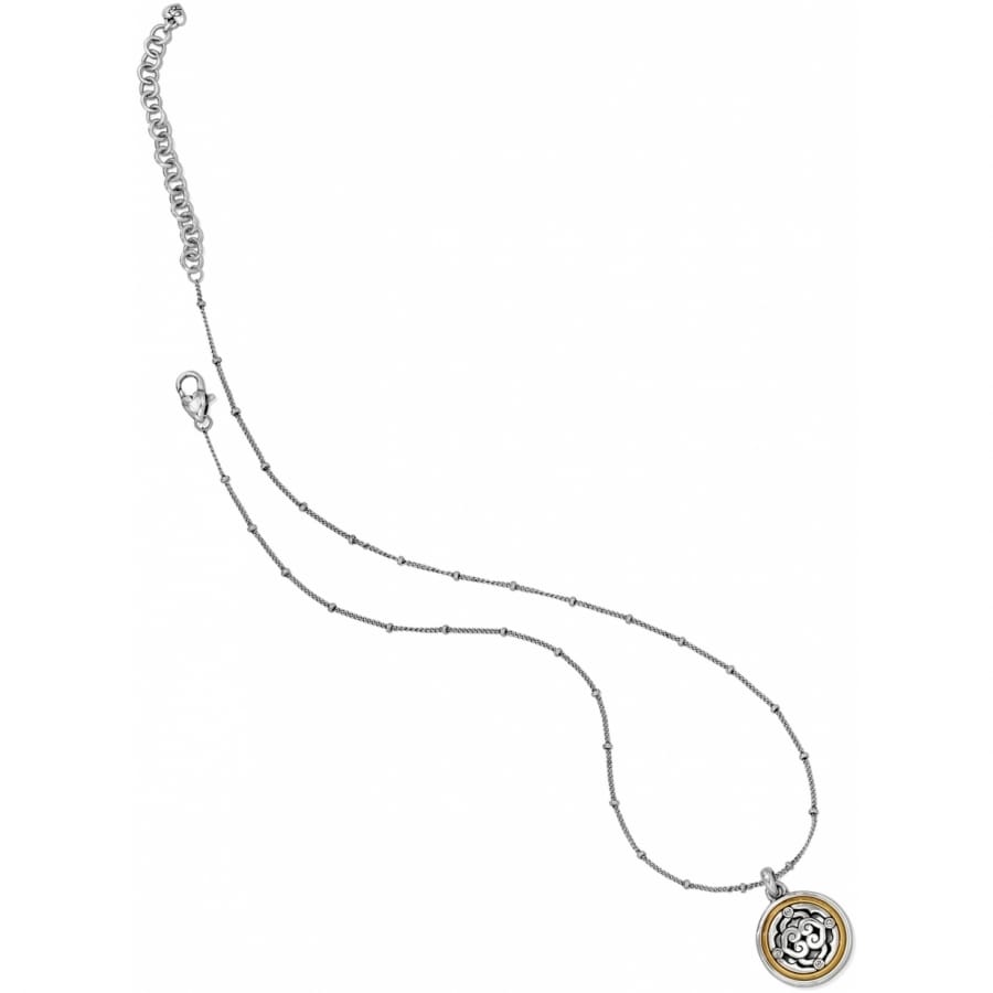 Brighton pendant necklace with silver-plated beaded chain and gold-plated circular pendant with scroll detail on a white background