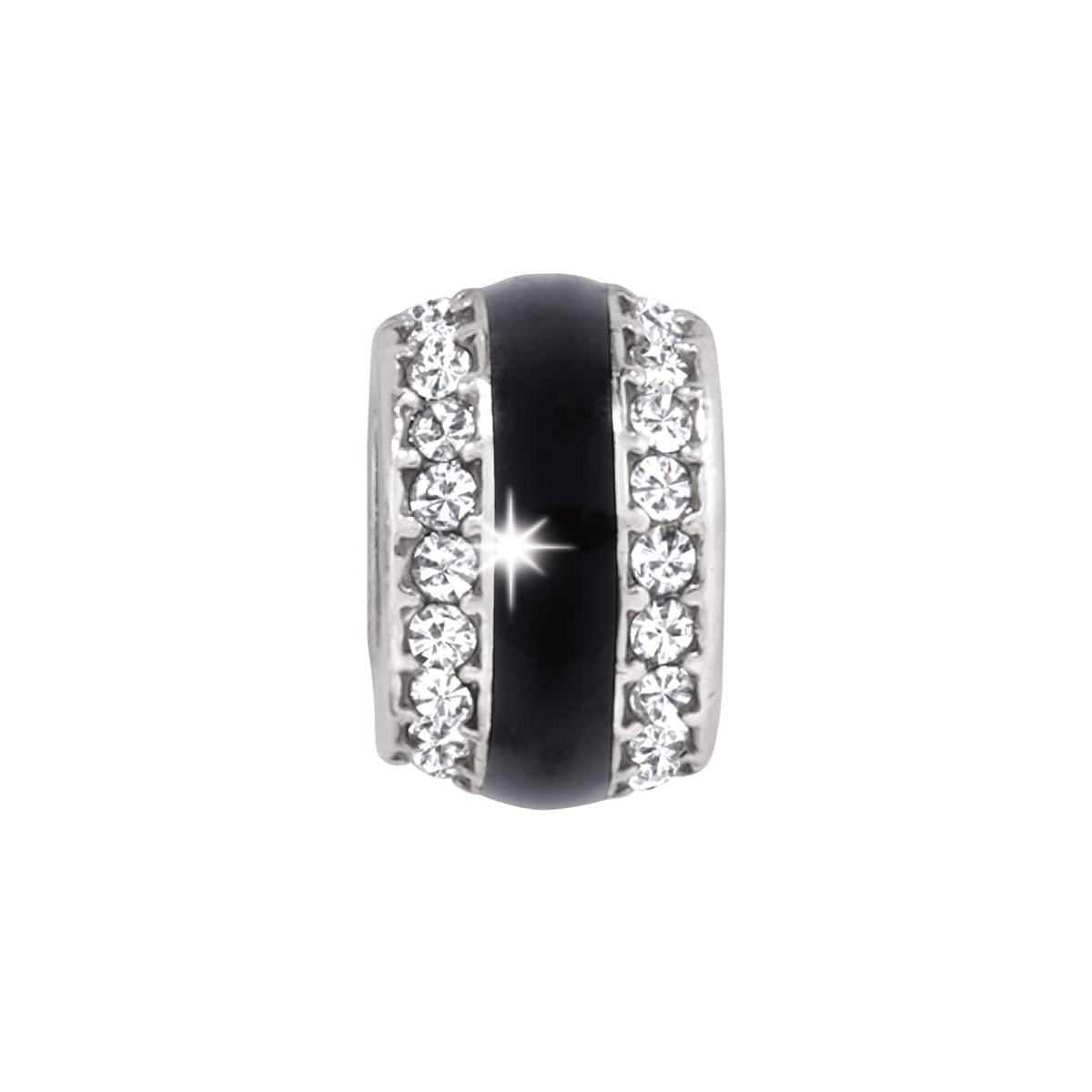 Brighton charm bead with black enamel center band and two rows of crystal accents on a white background