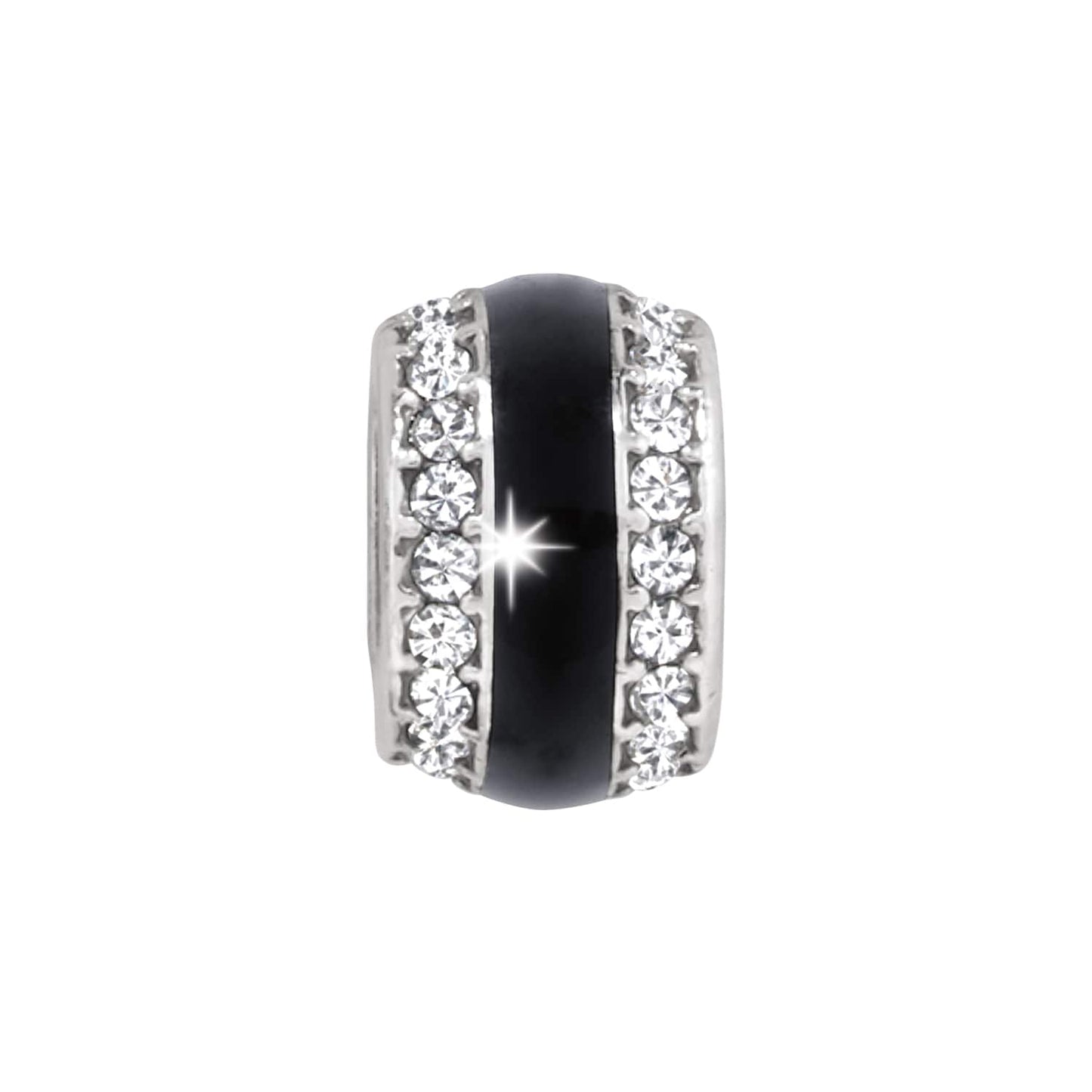 Brighton charm bead with black enamel center band and two rows of crystal accents on a white background