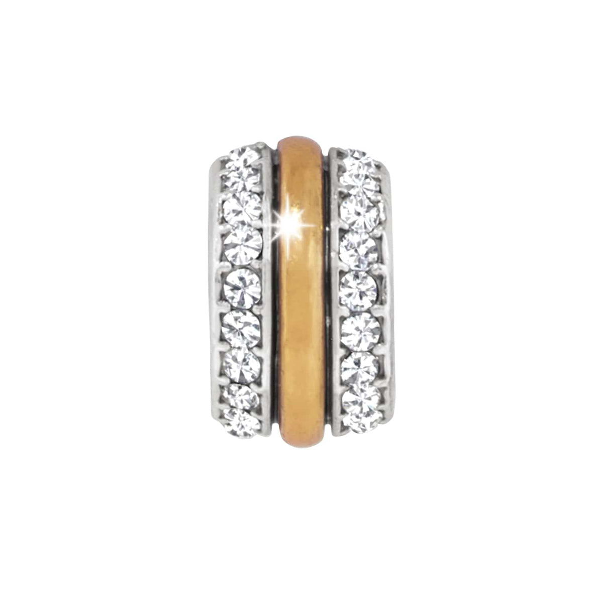 Brighton two-tone charm bead with rose gold center band and two rows of crystal accents on a white background