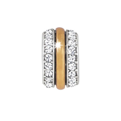 Brighton two-tone charm bead with rose gold center band and two rows of crystal accents on a white background