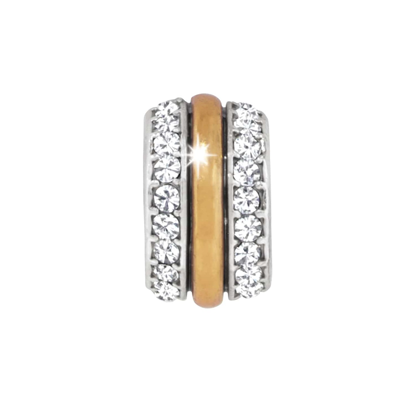 Brighton two-tone charm bead with rose gold center band and two rows of crystal accents on a white background