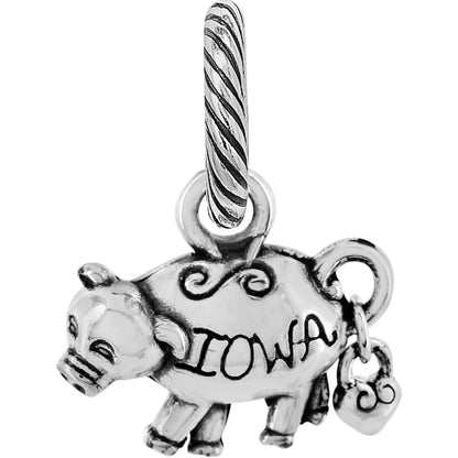 Brighton silver-plated pig charm engraved with Iowa and small dangling heart accents on a white background