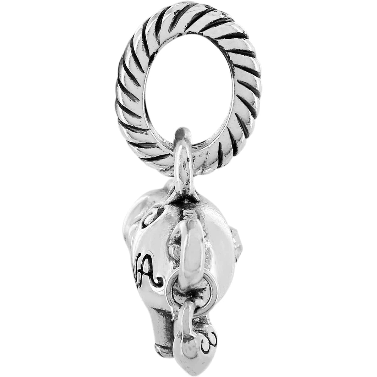 Brighton elephant charm shown from the side with silver-plated rope-textured bail loop on a white background