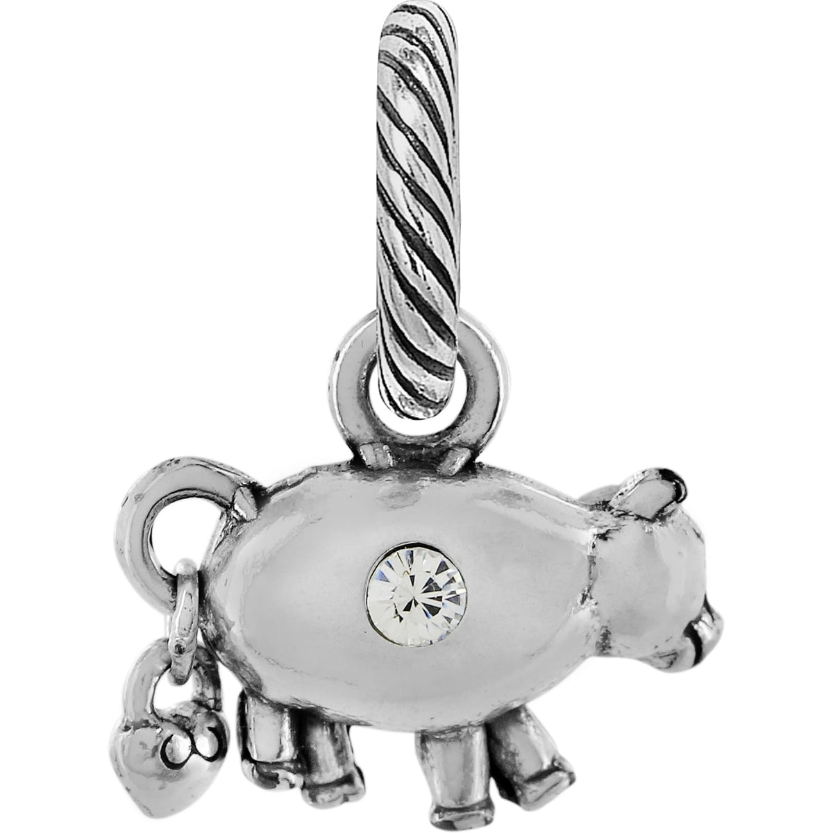 Brighton pig charm with silver-plated finish, crystal accent, and twisted rope bail on a white background