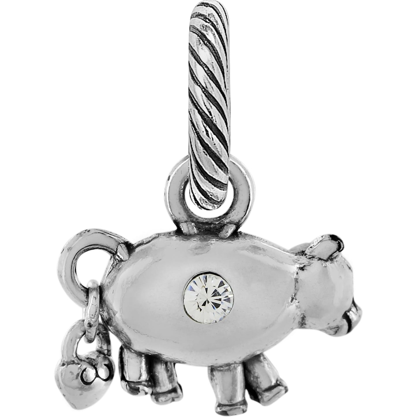 Brighton pig charm with silver-plated finish, crystal accent, and twisted rope bail on a white background