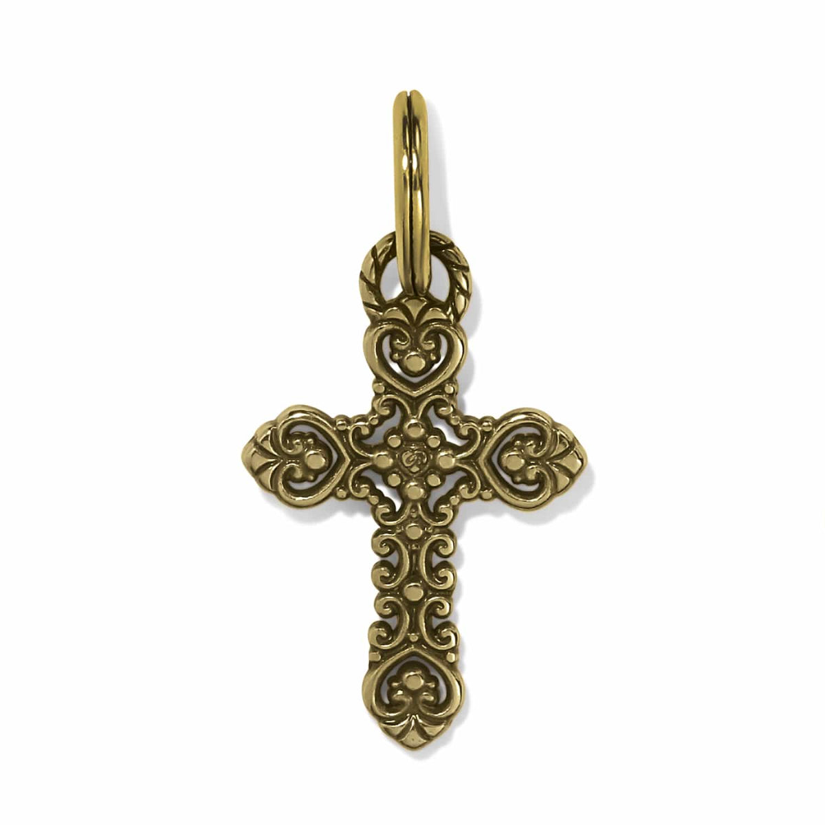 Brighton cross charm pendant with ornate gold-plated scrollwork detailing and split ring on a white background
