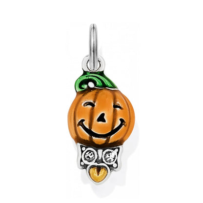 Brighton pumpkin charm with orange enamel, green stem, silver-plated collar, crystals, and gold heart on a white background