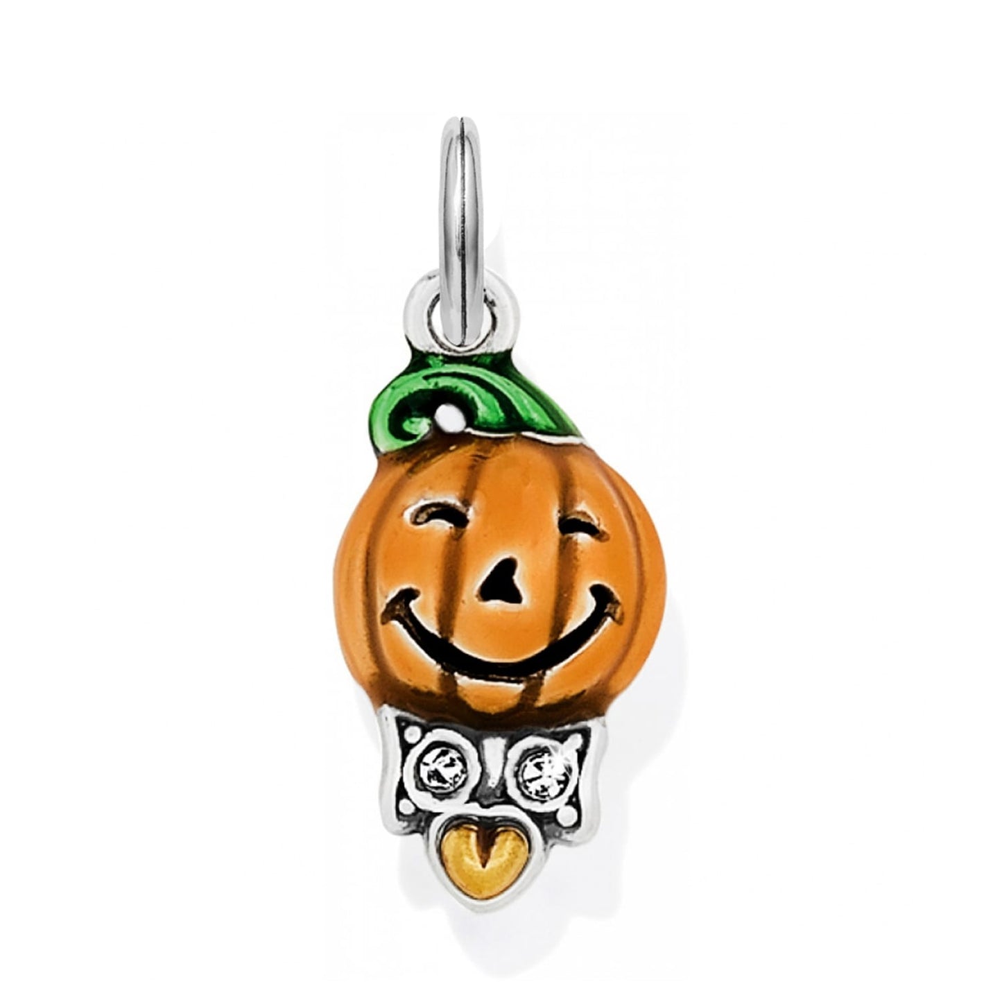 Brighton pumpkin charm with orange enamel, green stem, silver-plated collar, crystals, and gold heart on a white background