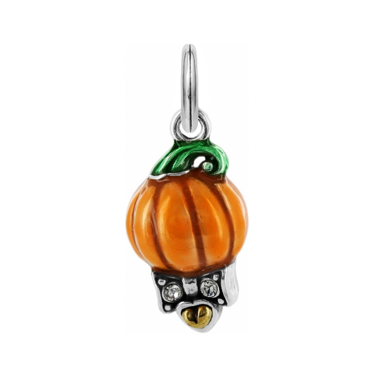 Brighton pumpkin charm with orange enamel body, green enamel stem, crystal accents, and silver-plated finish on a white background