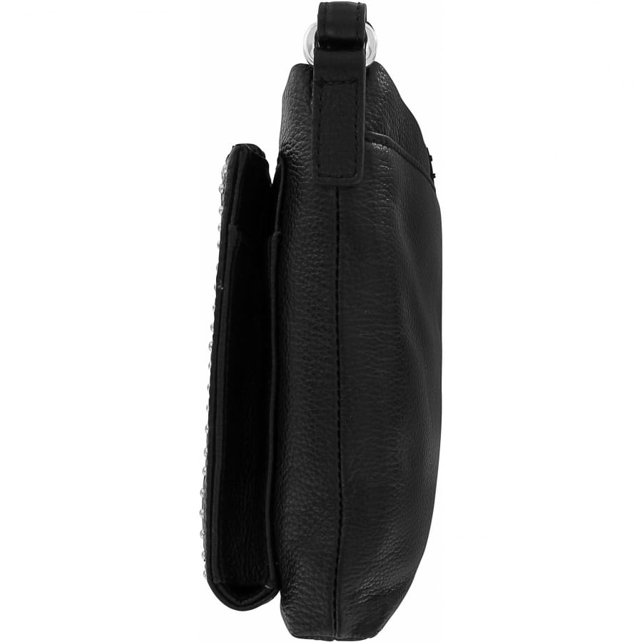 Brighton black leather handbag side view showing slim profile, pebbled texture, and silver-tone strap loop on a white background