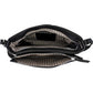 Brighton black handbag shown open with patterned gray interior lining and zippered compartments on a white background