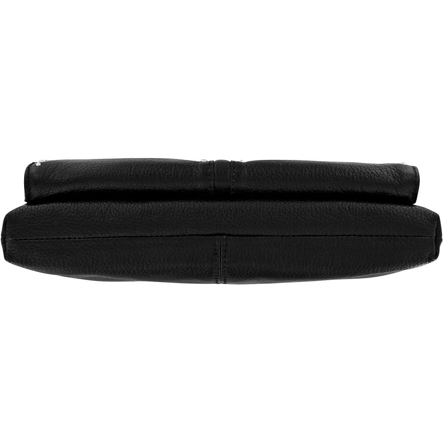 Brighton black leather handbag shown from the bottom view with pebbled texture and center seam on a white background