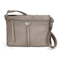 Brighton crossbody handbag in metallic pewter leather with beaded trim and silver-tone scroll medallion on a white background