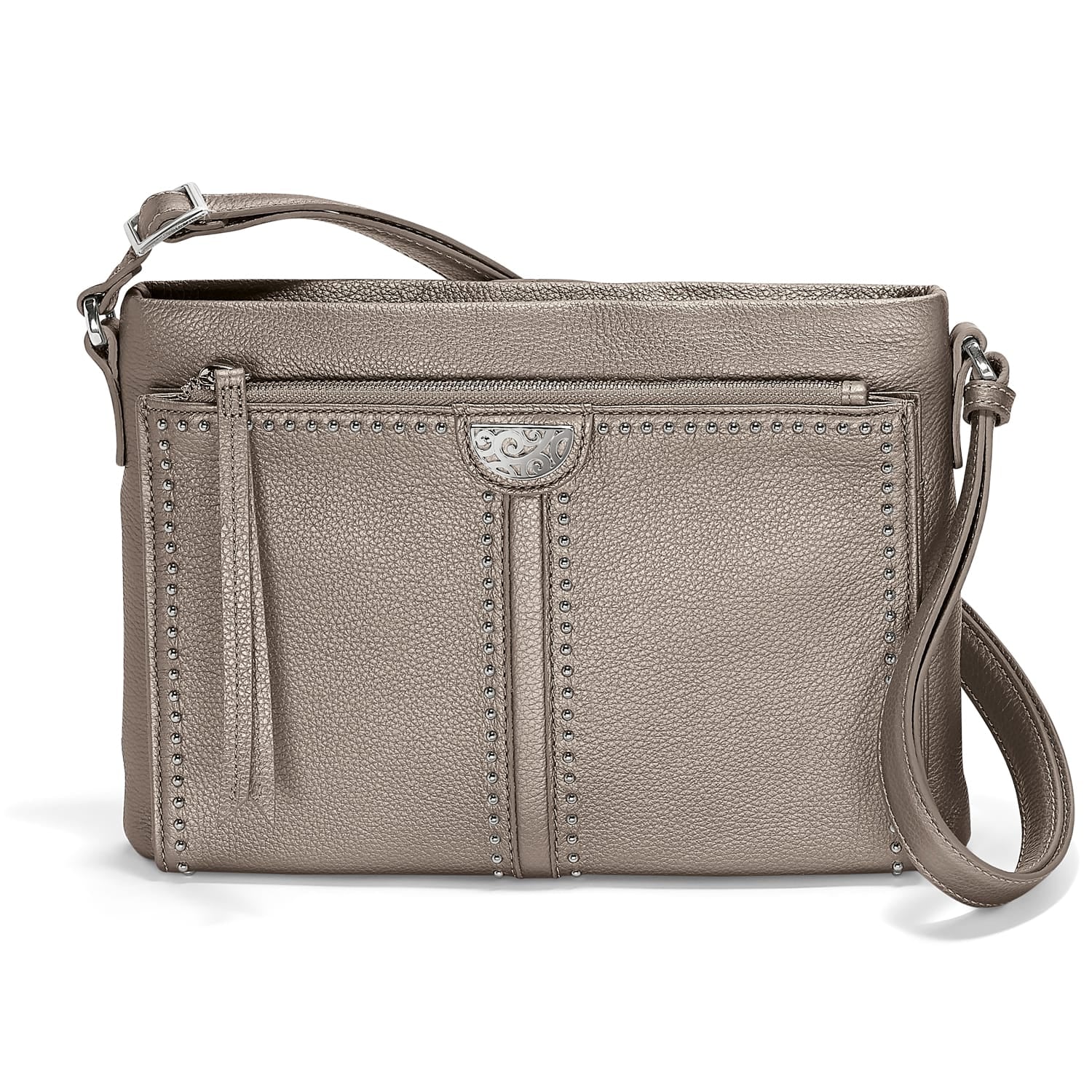 Brighton crossbody handbag in metallic pewter leather with beaded trim and silver-tone scroll medallion on a white background