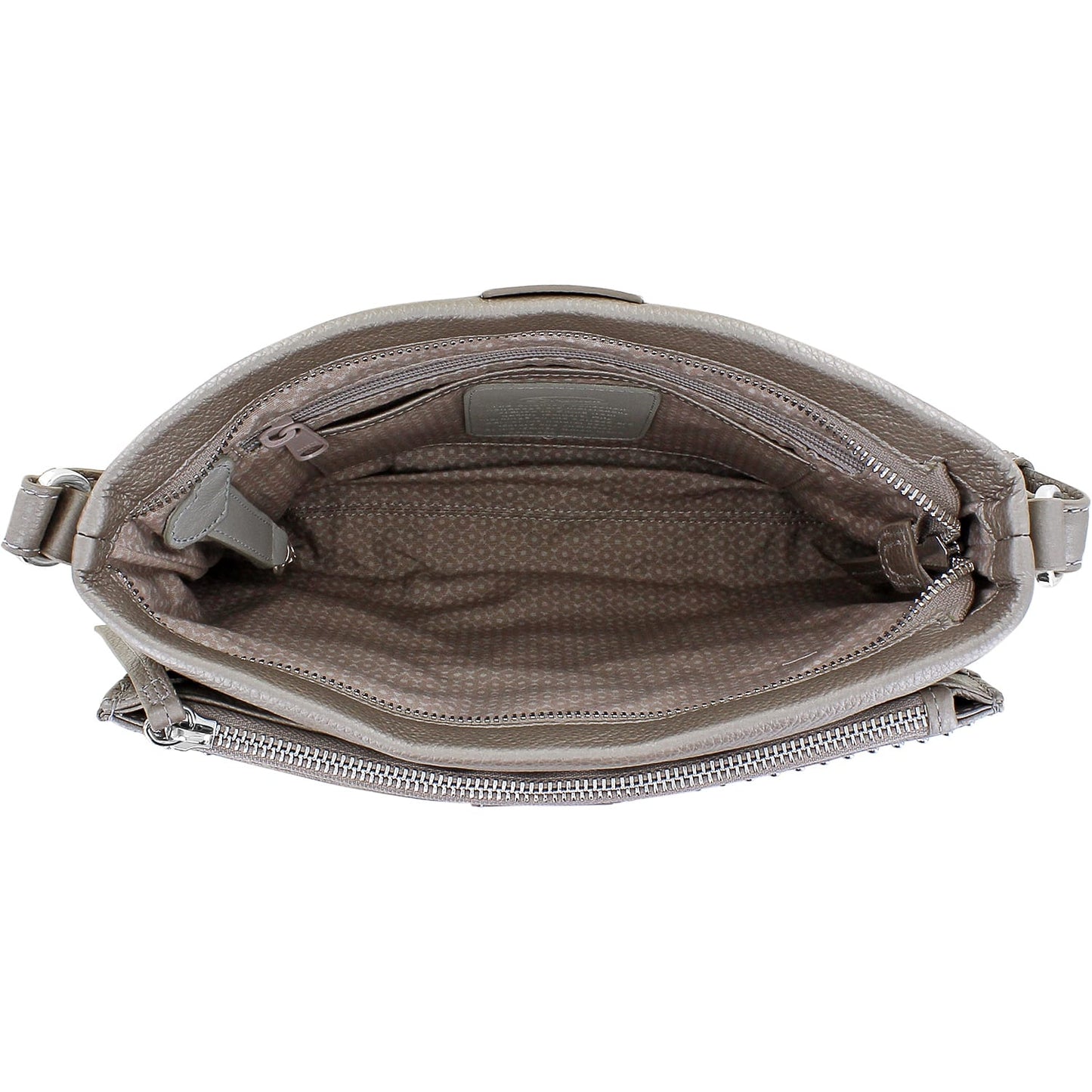 Close-up of Brighton handbag interior view showing taupe patterned lining, zippered pockets, and silver-tone hardware