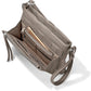 Brighton taupe pebbled leather crossbody handbag shown open with interior card slots, phone pocket, and adjustable strap on a white background