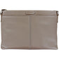 Brighton handbag shown from the back in taupe leather with center stitching and embossed logo tab on a white background