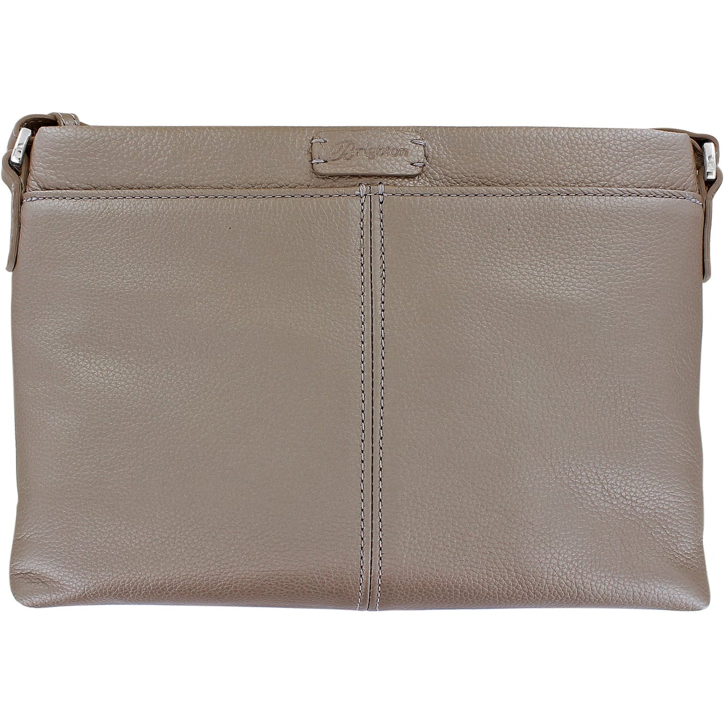 Brighton handbag shown from the back in taupe leather with center stitching and embossed logo tab on a white background