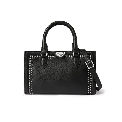 Brighton black leather handbag with silver-tone studded trim, medallion accent, dual handles, and crossbody strap on a white background