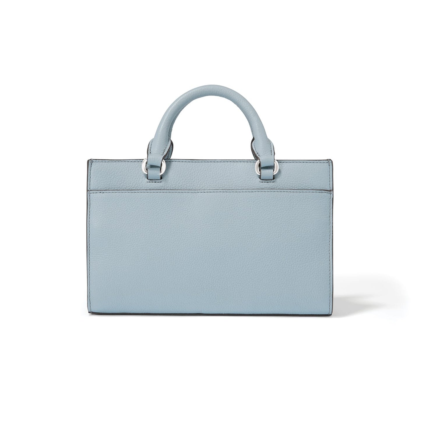 Brighton handbag shown from the back in light blue pebbled leather with rolled top handles on a white background
