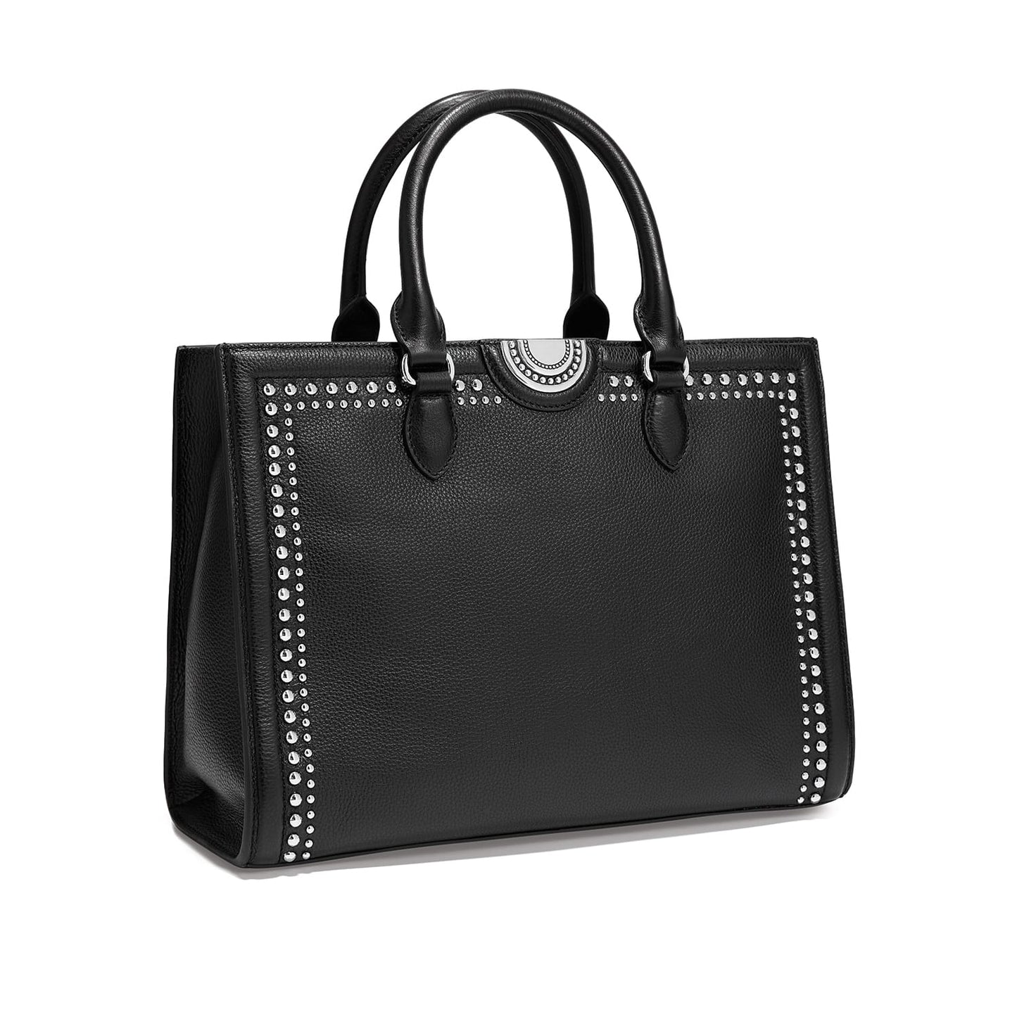 Brighton black leather handbag with silver-tone studded trim, dual rounded handles, and circular medallion on a white background