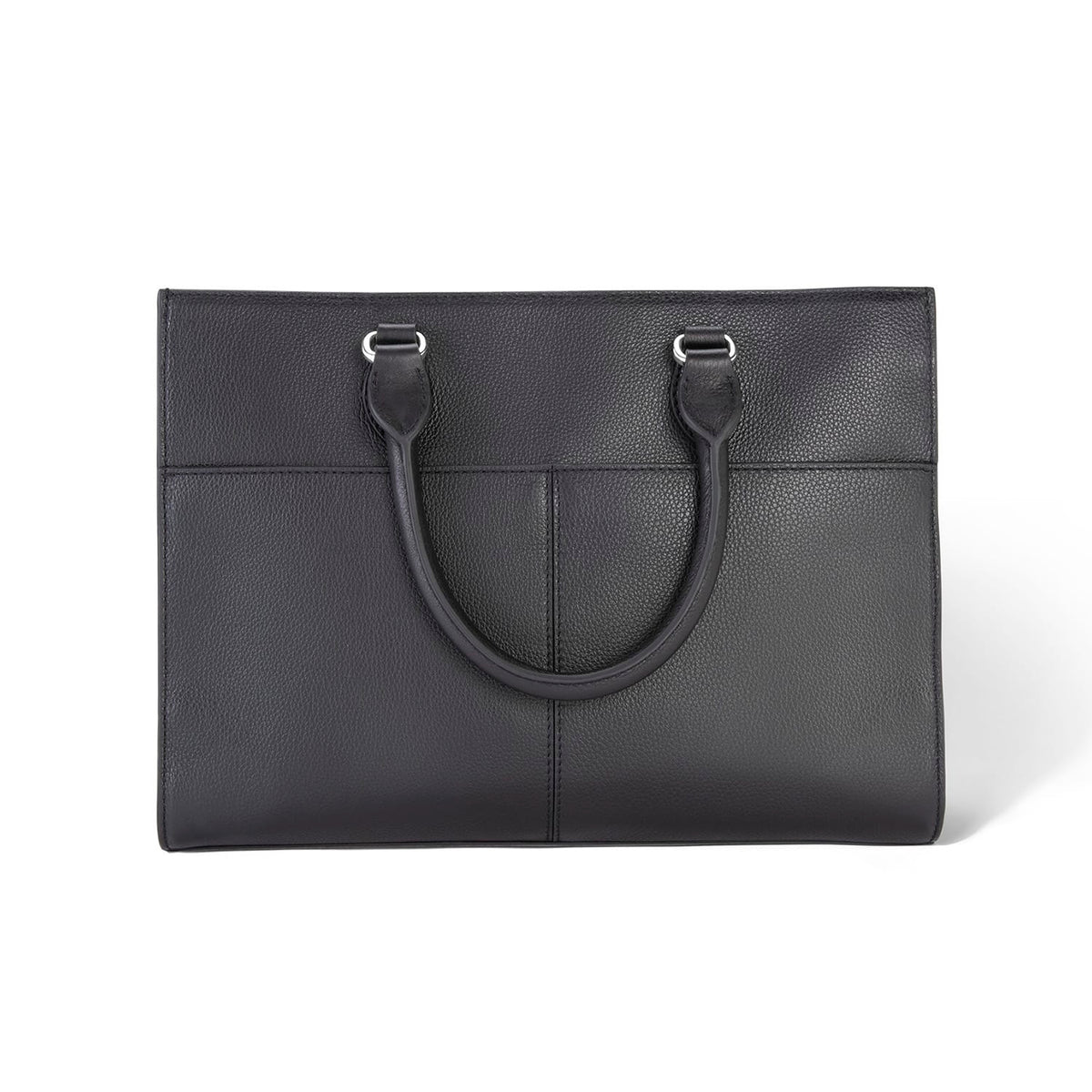 Brighton handbag in black pebbled leather with dual rolled top handles and silver-tone hardware on a white background