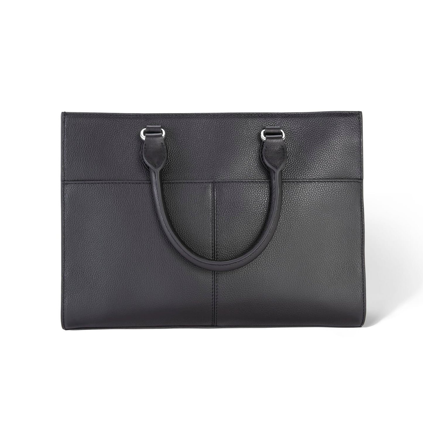 Brighton handbag in black pebbled leather with dual rolled top handles and silver-tone hardware on a white background
