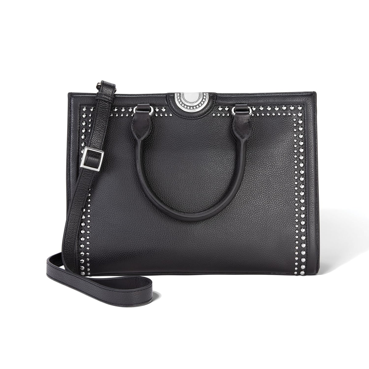 Brighton black leather handbag with silver-tone stud trim, top handles, and adjustable crossbody strap on a white background