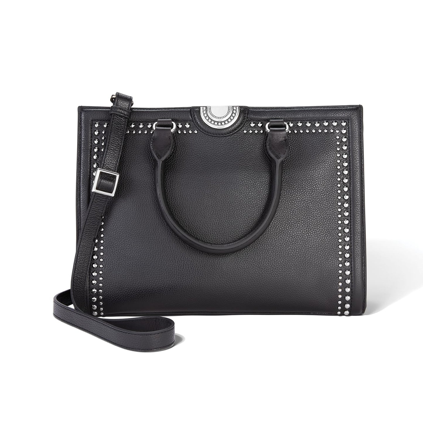 Brighton black leather handbag with silver-tone stud trim, top handles, and adjustable crossbody strap on a white background