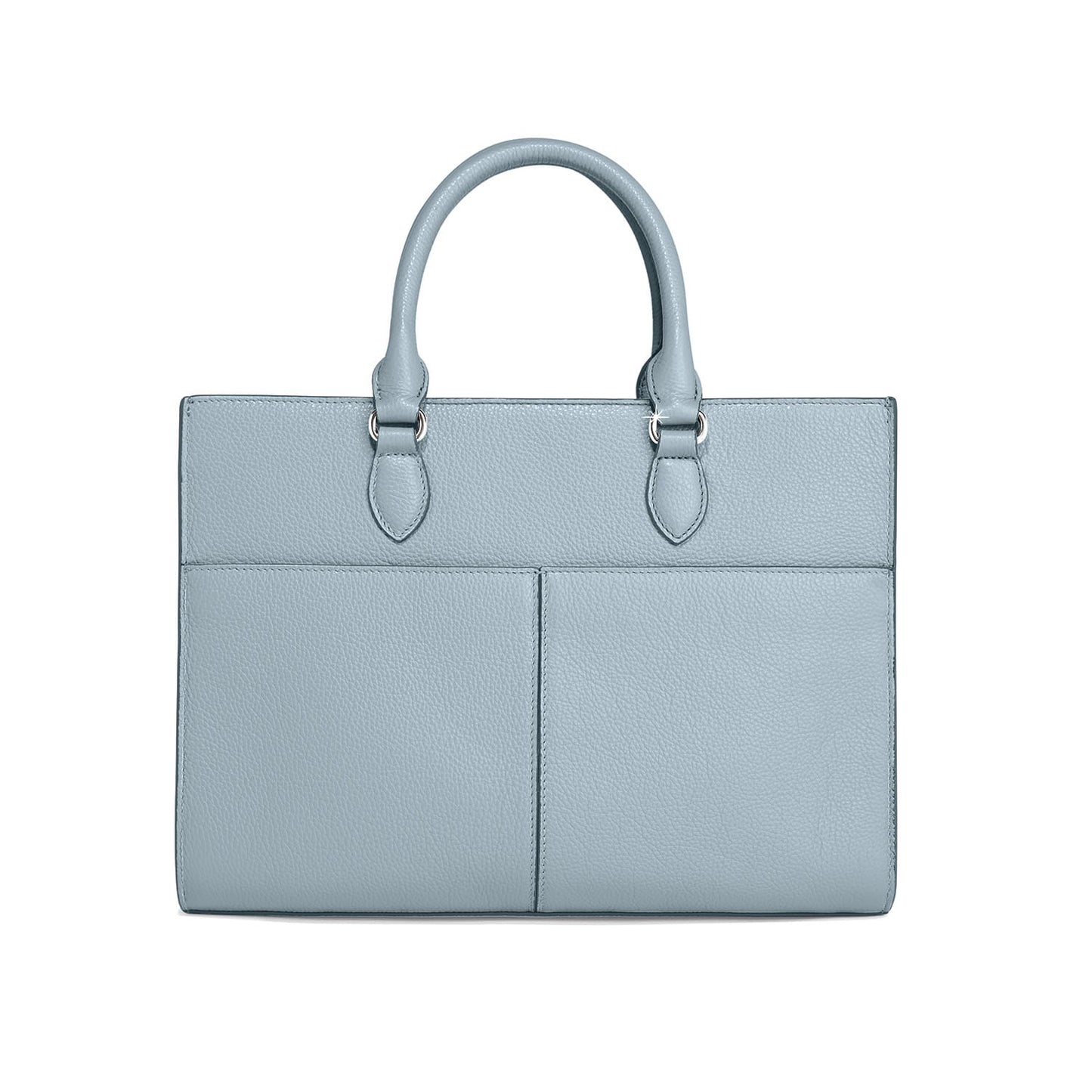 Brighton handbag shown from the back in light blue pebbled leather with dual rolled top handles on a white background